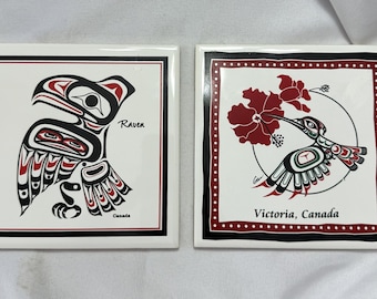 Vintage Canadian Northwest Coast Indigenous Art Haida Raven and Hummingbird Ceramic Tiles