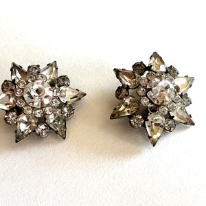 Vintage MCM Crystal Starburst Pins Pair of Kramer NY Rhinestone Floral Form Faceted Crystal Brooches
