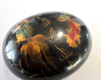 Vintage Hand Painted Koi Fish Black Laquer Stone Paperweight