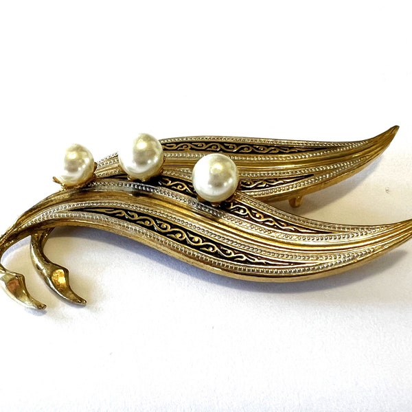 Vintage Damascene Spanish Faux Pearl Silver and Goldtone Leaf Costume Jewelry Brooch Pin