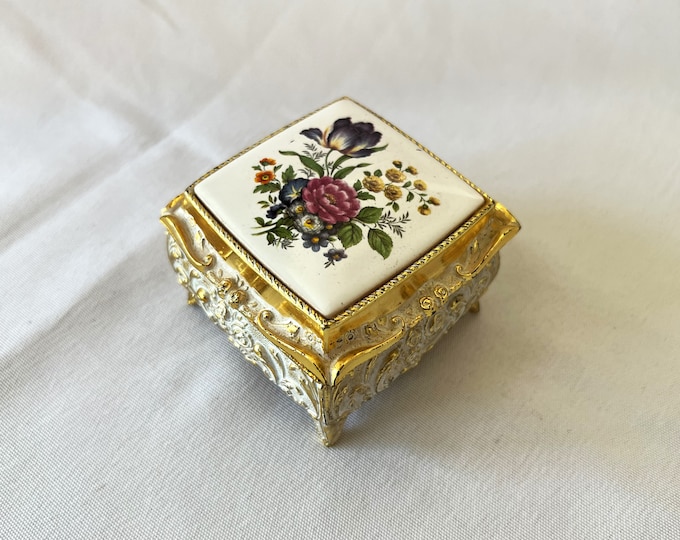 Vintage Sankyo MELE Japanese Velvet Lined Hinged Metal Porcelain Floral
