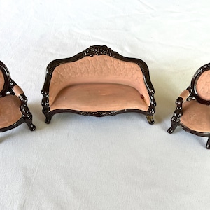 Vintage Ceramic Glazed and Painted Dollhouse Furniture Pink Victorian Antique Settee with Rosettes Sofa Couch Chairs Set of 3