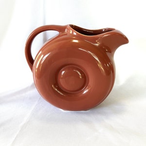 Vintage Hall China Dusty Rose Maroon Pottery Wheel Donut Form Ceramic Mid Century Modern Pitcher