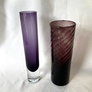 Vintage Royal Purple Crystal Vase and Amethyst Purple Optic Swirl Studio Art Glass Vase