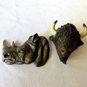 Vintage J.R. 1998 3D Rubber Buffalo and Rhino Rhinoceros High Detail Refrigerator Magnet Set 2 Animal Magnets