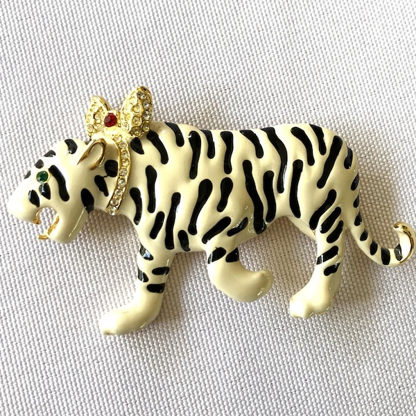 Vintage Bejeweled White Bengal Striped Tiger with Bow Enamel Brooch Pin Designer Costume Jewelry