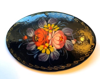 Vintage Russian Hand Painted Lacquerware Red Roses Brooch Pin
