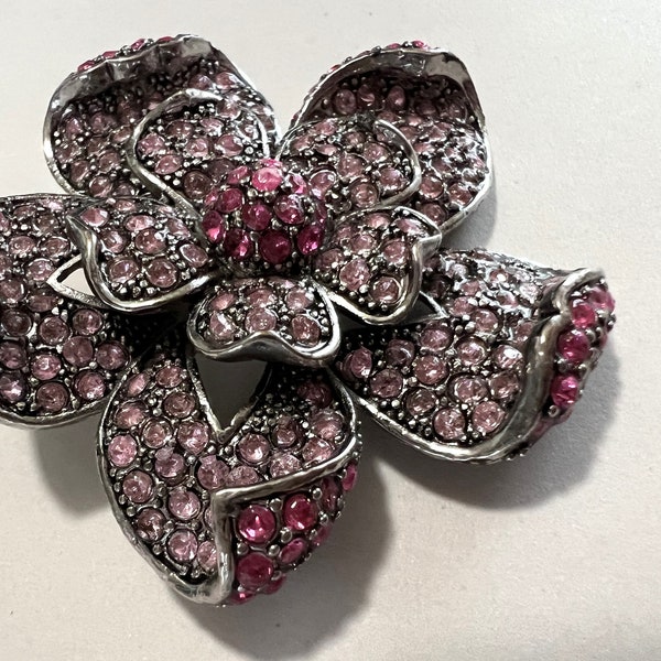 Vintage Diamante Flower Brooch Pin Pink Crystal Insets