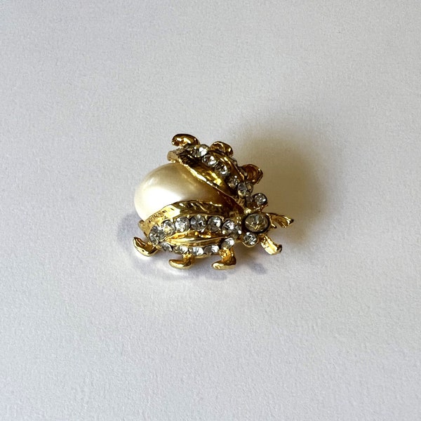 Vintage Gold Tone Beetle Ladybug Insect Brooch Faux Pearl and Crystal Inset Costume Jewelry Pin