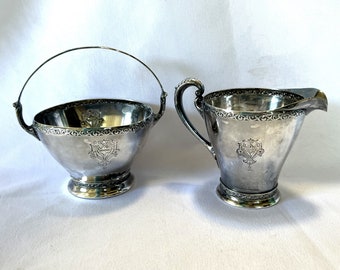 Antique International Silver Rogers & Sons Triumph Creamer Pitcher and Handled Sugar Bowl with Floral Shield Emblem 12 oz Silverplate