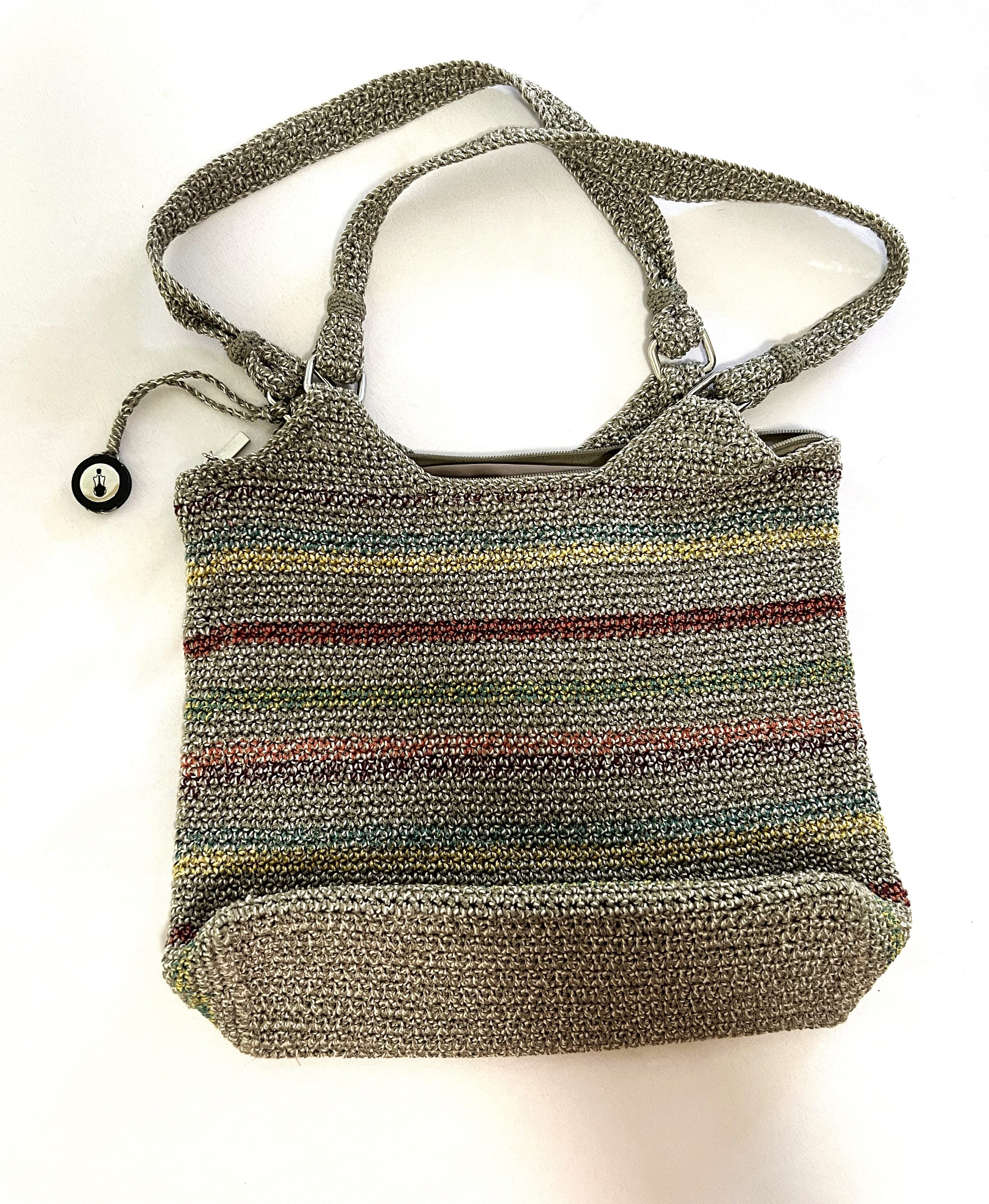 The Sak Crochet Purse Bag Braided Leather Handles Beige Grey