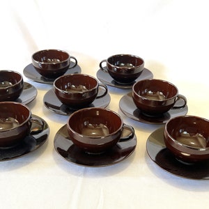 Vintage Crate and Barrel Chocolate Brown Glazed Ceramic Coffee Tea Cup and Saucer Service 16 Piece Set of Cups and Saucers