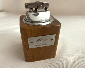 Vintage Wood and Metal Large Table Lighter Aloha Hawaii Souvenir Bar Lounge Cigar Lighter