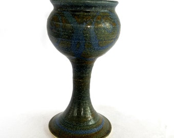 Vintage Hand Thrown Studio Art Pottery Glazed Cup Stoneware Blue Ceramic Stemmed Goblet