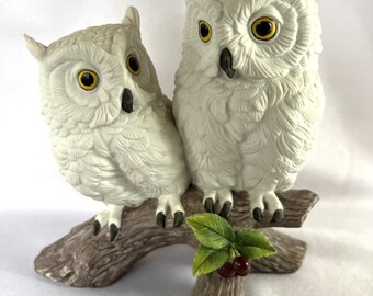 Vintage Porcelain Andrea by Sadek Snowy Owl Pair on Branch Figurine Hand Painted Owls Statue Figurine