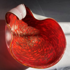 Vintage Barbini Murano Art Glass Shell Bowl: Red, White, and Gold Shell Venetian Folded Cased Studio Hand Blown
