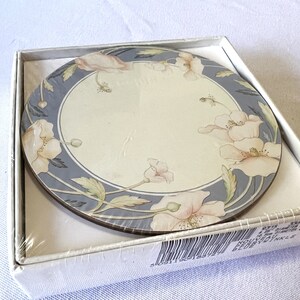 Vintage English Floral Cork Backed Tea Coffee Cup Coaster New in Original Box Set of Six Perrywinkle Light Blue Coasters