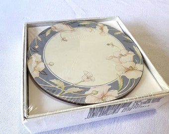 Vintage English Floral Cork Backed Tea Coffee Cup Coaster New in Original Box Set of Six Perrywinkle Light Blue Coasters