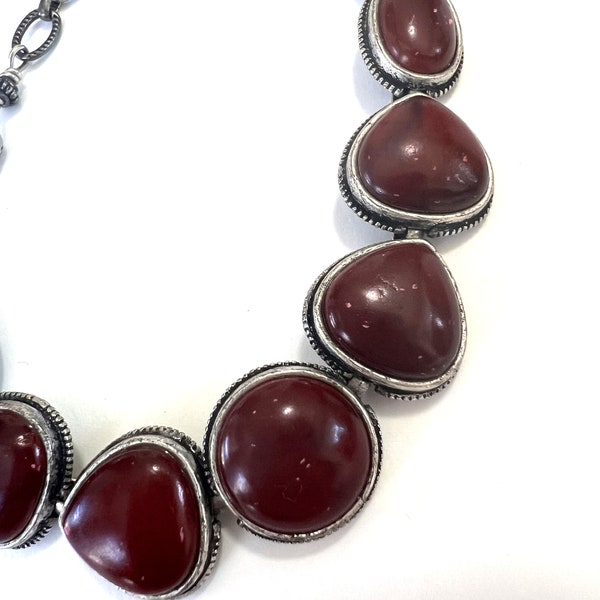 Vintage Lucky Brand Designer Silver Scenes Faux Red Dragon Jasper Costume Jewelry Bracelet