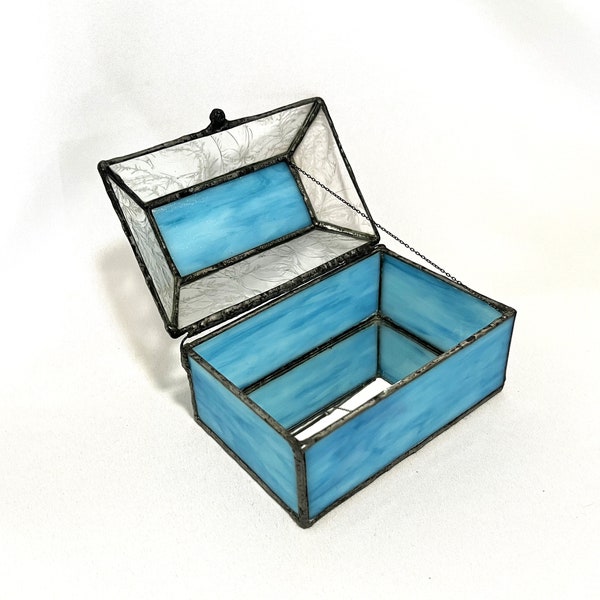 Vintage Stained Colored Art Glass Blue Soldered Mirrored Jewelry Trinket Box