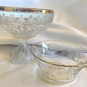 Vintage Gold Gilt German Crystal Footed Candy Nut Bowl and Gold Gilt French Glass Decorative Berry Bowl Set of 2