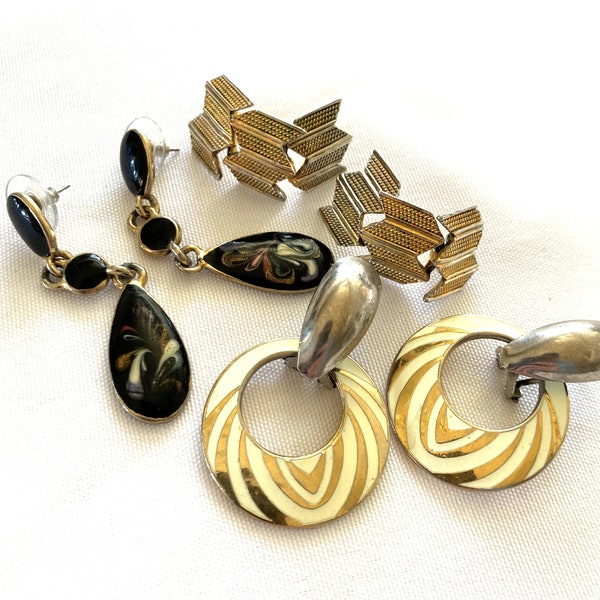 Vintage 3 Pairs of Gold Tone and Black Enamel Dangle Costume Jewelry Earrings