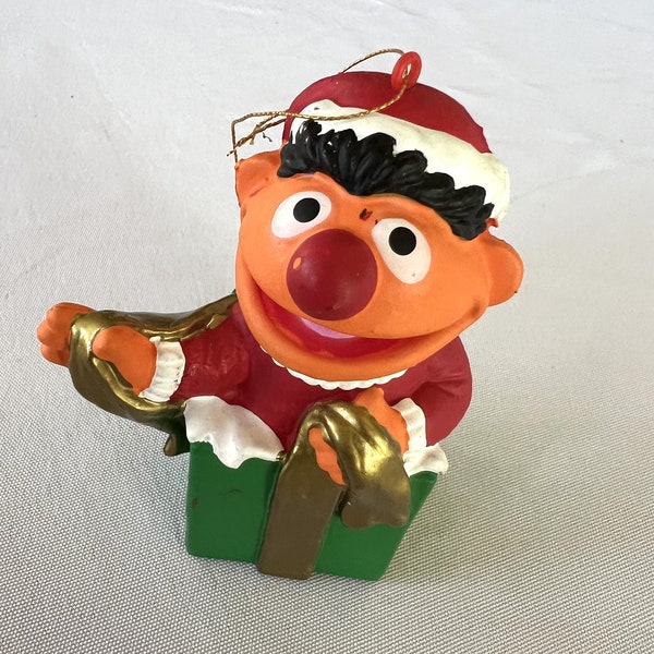 Vintage Sesame Street Jim Henson Ernie in Gift Box with Santa Hat Christmas Tree Ornament Kurt S. Adler