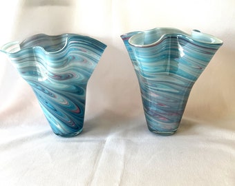 Vintage Colored Art Glass Blue Pink Cotton Candy Studio Swirl Napkin Ruffle Glass Vases Set of Two