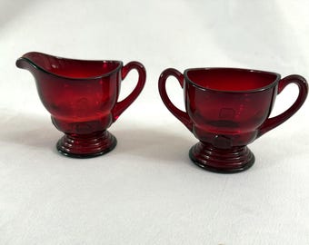 Vintage Ruby Red New Martinsville Glass Moondrops Cream and Sugar Bowl