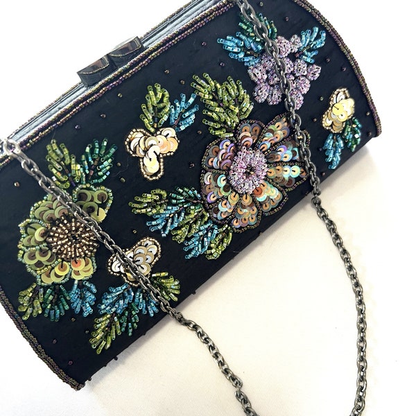 Vintage Sequin Seed Bead Flowers Kiss Lock Talbots Clutch Shoulder Bag Floral Design Purse