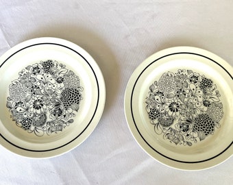Vintage Wildwood English Ironstone Black and White Flower Dishes Set of Two Ceramic Floral Pattern Plates