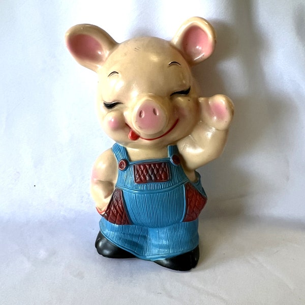 Vintage Russ Berrie and Co. Hard Rubber Piggy Bank Anthropomorphic Pig in Overalls Plastic Coin Bank