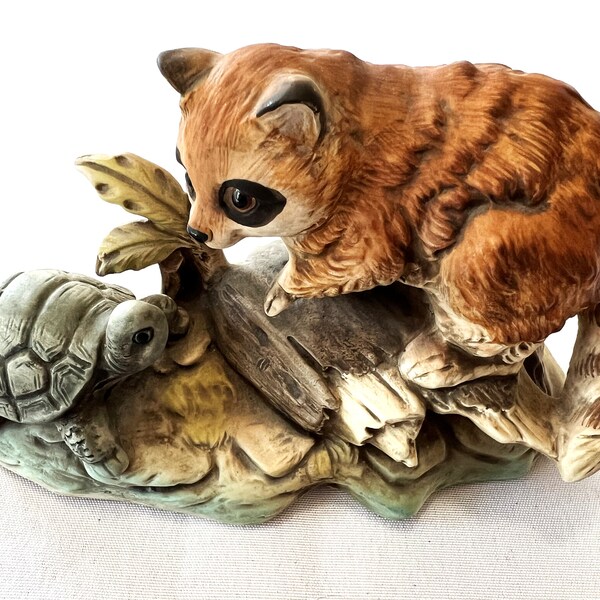 Vintage Hand Painted Japanese Bisque Porcelain 3D Racoon and Turtle Figurine