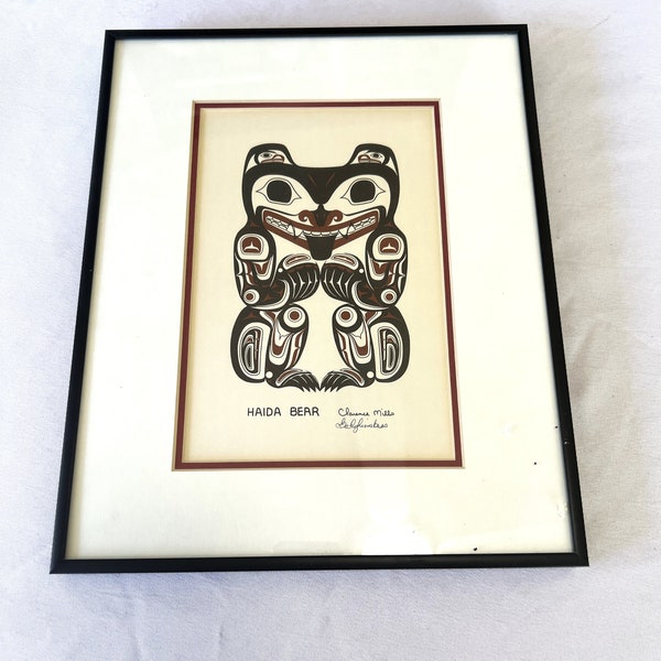 Vintage Pen Signed Grizzly Haida Bear Folk Art Native American Print Red and Black Tribal Totem Art by Clarence Mills