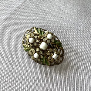 Vintage Art Nouveau Czech White Bead Hand Painted Florals and Gold Filigree Brooch Pin