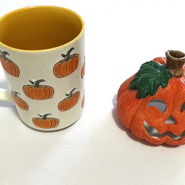 Vintage Pumpkin Mug Ceramic Coffee Cup and Porcelain Painted Jack O Lantern Tealight Holder Halloween Decoration