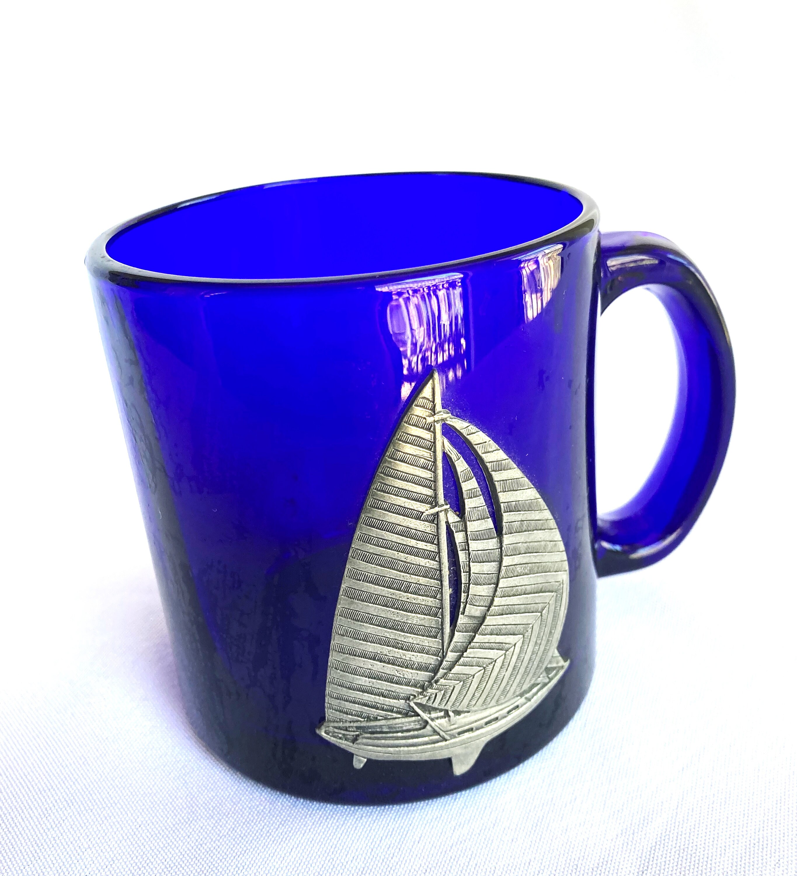 Rare Vintage Liberty Village Handblown Glass Large Mug With Cobalt Blue Glass Handle, Dated 1997