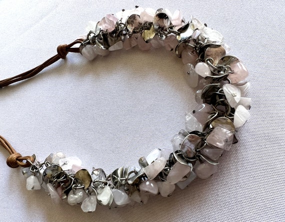 Vintage Rose Quartz Stone Chips and Silver Medall… - image 6