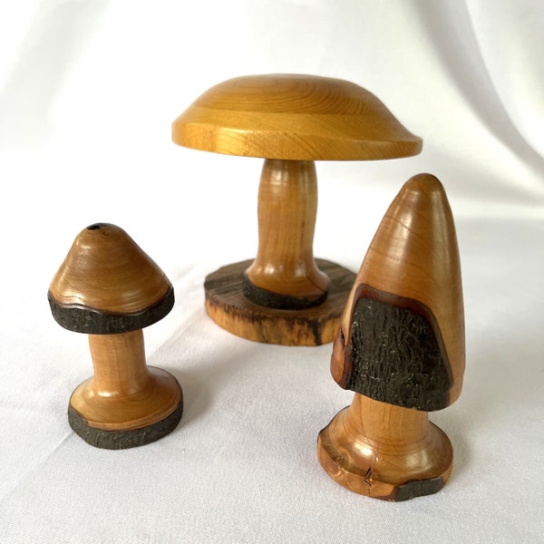 Vintage Wooden Mushrooms Set of 3 Hand Turned Wood Art Decorations