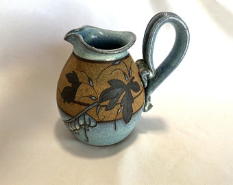 Vintage Signed Studio Art Pottery Etched Ceramic Glazed Pitcher