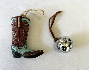 Vintage Western Cowboy Boot Christmas Ornament and Polar Express Reindeer Sleigh Bell Ornament Set of 2 Ornaments