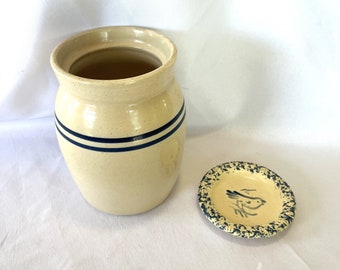 Vintage Blue Ring Stoneware Ceramic Pottery Kitchen Crock Canister Utensil Spoon Holder and American Girl Small Decorative Blue Bird Dish