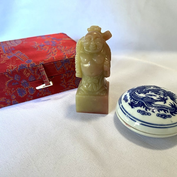 Vintage Carved Stone Buddha Figure Peter Name Stamp with Lidded Dragon Dish Ink Pad