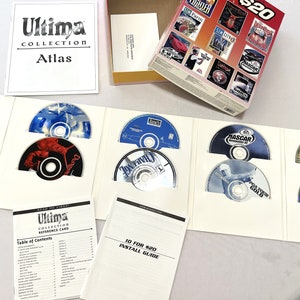 May include: A collection of 10 computer game CDs in clear plastic cases, labeled with the titles "Ultima Collection Reference Card", "Sim City 2000", "NASCAR Racing", "PGA Tour Golf", "The Incredible Machine", "Ultima VII", "Ultima VIII", "Ultima IX", "Ultima Underworld", and "Ultima Worlds of Adventure 2: Martian Dreams". The CDs are arranged in a white folder with a blue and white label that reads "10 for $20 Install Guide".