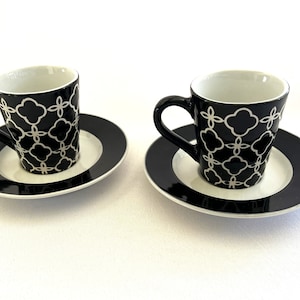 Vintage Black and White Espresso Ceramic Cup Cups and Saucer Saucers Set of Two