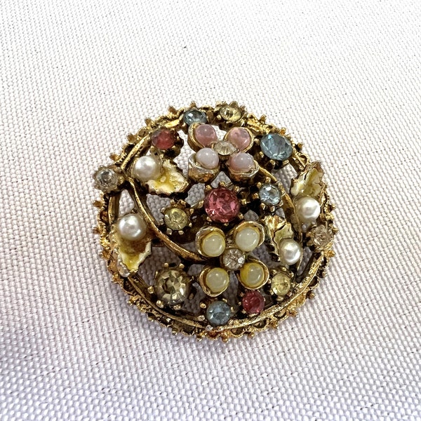 Vintage Signed Art Arthur Pepper Nouveau Style Colored Crystal Inset Faux Pearls Costume Jewelry Brooch Pin