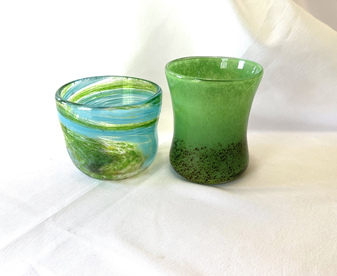 Vintage Studio Art Glass Set Green Speckled Handblown Vase & Blue Green