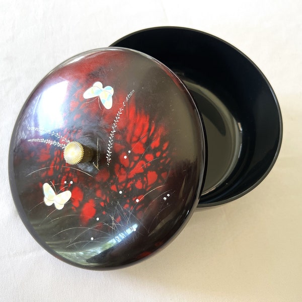 Vintage MCM O.N.O. Japan Dark Red Black Marbled Plastic Lacquerware Holo Butterfly in Gold Grass Lidded Bowl
