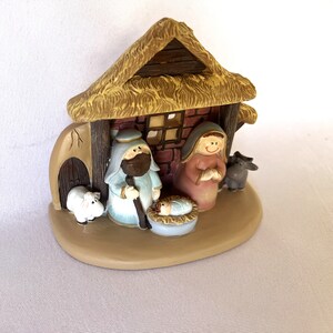 Vintage Dicksons Nativity Cute Miniature Holy Family in Creche Christmas Cartoon Holiday Style Resin Stone Christmas Figurine