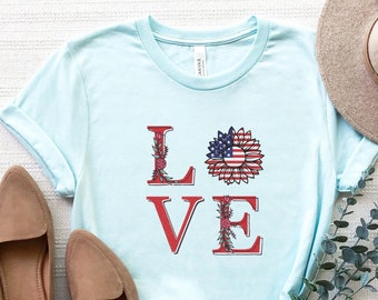 Camiseta del 4 de julio, camisa patriótica, camisa de girasol de la bandera de los Estados Unidos, camisa de girasol love USA America, regalo para los estadounidenses, 'Merica, Día de la Independencia